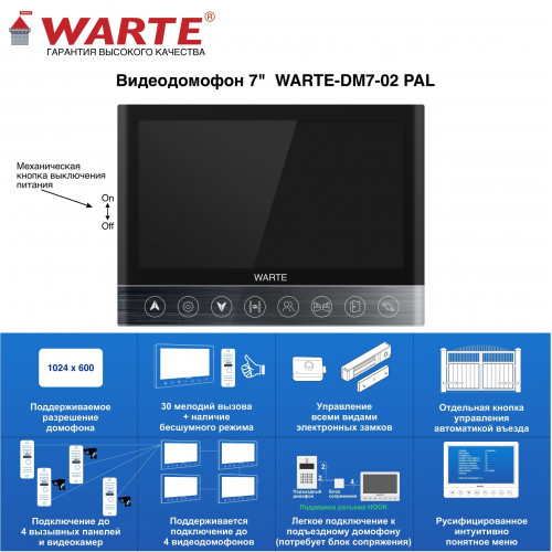 WARTE-DM7-02 PAL черный (СОНАТА PAL) видеодомофон 7" WARTE-DM7-02 PAL черный (СОНАТА PAL) видеодомофон 7"