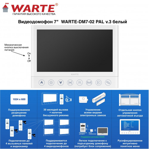 WARTE-DM7-02 PAL белый v.3 (СОНАТА PAL) видеодомофон 7" WARTE-DM7-02 PAL белый v.3 (СОНАТА PAL) видеодомофон 7"